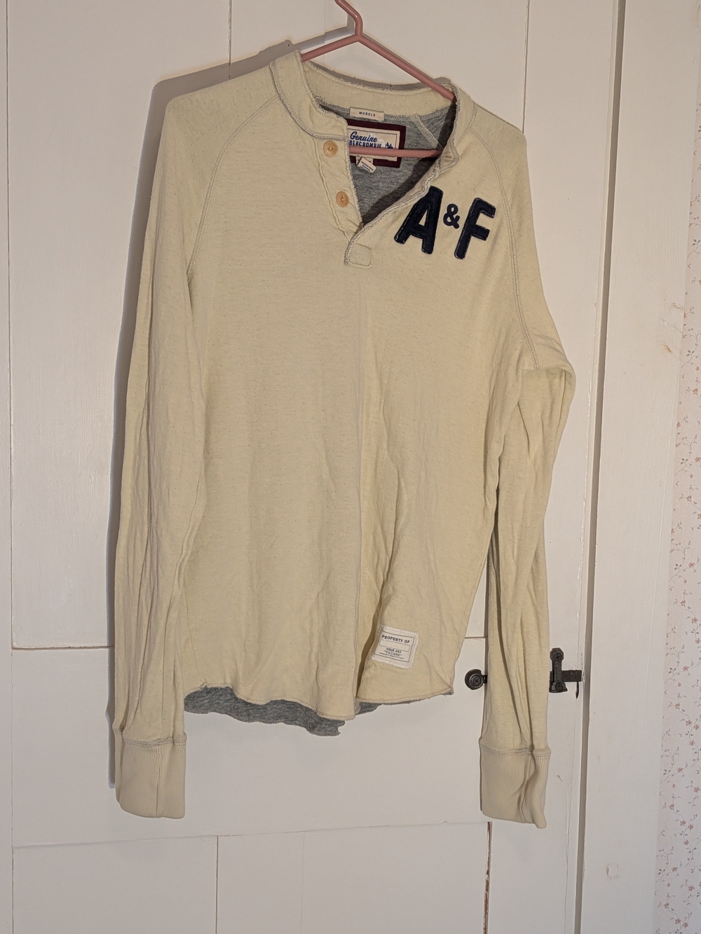Abercrombie & Fitch Men's Muscle Cream Henley Casual Long Sleeve S Vintage Y2K